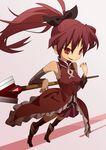  bow grin hair_bow magical_girl mahou_shoujo_madoka_magica polearm ponytail red_eyes red_hair sakura_kyouko smile solo spear thighhighs ukke weapon 