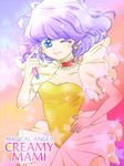  bad_id bad_pixiv_id blue_eyes blush choker creamy_mami earrings hand_on_hip heart heart-shaped_pupils jewelry leotard magical_girl mahou_no_tenshi_creamy_mami microphone mokyun morisawa_yuu one_eye_closed purple_hair short_hair smile solo sparkle star star-shaped_pupils symbol-shaped_pupils 