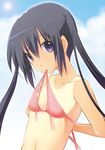  arms_behind_back aruki bikini_top black_hair k-on! looking_at_viewer mouth_hold nakano_azusa navel one-piece_tan purple_eyes sky solo sun tan tanline twintails 