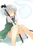  asoka between_legs black_hairband closed_eyes dress ghost green_dress hair_ribbon hairband hitodama katana konpaku_youmu konpaku_youmu_(ghost) no_panties ribbon scabbard sheath sheathed silver_hair sitting sleeping sleeping_upright solo sword tassel touhou v_arms vest weapon 