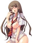  bad_id bad_pixiv_id blush bottomless breasts brown_eyes brown_hair cum hachi_(shin525) large_breasts long_hair necktie nipples open_clothes open_shirt original shirt solo 
