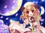  bad_id bad_pixiv_id blonde_hair douji dress dress_lift drill_hair flower full_moon hat looking_at_viewer luna_child moon open_mouth petals red_eyes rose short_hair smile solo touhou white_flower white_rose wings 