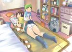  4040_(abonriya) assisted_exposure ayase_fuuka azumanga_daiou bob_cut brown_hair child chips chiyo_chichi eating eyebrows food green_hair indoors koiwai_yotsuba legs looking_back lying miniskirt multiple_girls octopus on_stomach open_mouth panties potato_chips quad_tails raglan_sleeves sitting sitting_on_person skirt skirt_lift socks stuffed_toy thick_eyebrows trefoil underwear white_panties yotsubato! 