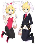  1girl :d animal_ears bad_id bad_pixiv_id bare_shoulders basket black_legwear blue_eyes bow brother_and_sister bunny_ears bunnysuit buttons carrot choker cuffs easter egg formal full_body hair_bow hair_ornament hairclip highres hitsukuya kagamine_len kagamine_rin long_sleeves open_mouth pantyhose short_hair siblings smile suit transparent_background twins vocaloid 