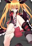  absurdres barefoot between_legs blazblue blonde_hair boots bow cat cat_between_legs feet finger_to_mouth foreshortening gii highres kotuzui_yositune long_hair one_eye_closed pov_feet rachel_alucard red_bow red_eyes shoes single_shoe skirt skirt_lift soles solo toes twintails very_long_hair wiggling_toes 