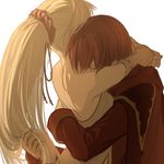  1girl azel_(fire_emblem) backless_dress backless_outfit bad_id bad_pixiv_id closed_eyes couple dress fire_emblem fire_emblem:_seisen_no_keifu harusame_(rueken) hetero holding holding_hair hug long_hair ponytail red_hair short_hair simple_background tiltyu_(fire_emblem) white_hair 