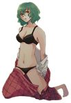  barefoot black_bra black_panties bra breasts dress_shirt green_hair kazami_yuuka kneeling lingerie medium_breasts navel off_shoulder open_clothes open_shirt panties plaid plaid_skirt plaid_vest red_eyes semicolon shirt short_hair skirt skirt_set solo touhou underwear underwear_only undressing vest 