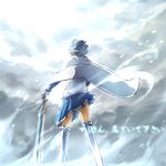  back blue_hair cape from_behind gloves highres magical_girl mahou_shoujo_madoka_magica miki_sayaka short_hair skirt skirt_lift snow solo sword tera_l thighhighs translated weapon wind zettai_ryouiki 