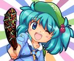  :d bad_id bad_pixiv_id blue_eyes blue_hair blush chocolate food happy hat kawashiro_nitori key multicolored multicolored_background one_eye_closed open_mouth shirt short_hair side_ponytail simple_background smile solo sweets touhou two_side_up zipang_(zip@ng_works) 