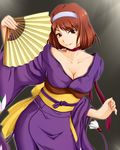  bad_id bad_pixiv_id breasts brown_eyes brown_hair choker cleavage fan folding_fan hairband ichirou japanese_clothes kanzaki_sumire kimono medium_breasts mole sakura_taisen smile solo 