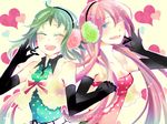  dress elbow_gloves gloves green_hair gumi happy_synthesizer_(vocaloid) headphones headset inami_eno long_hair megurine_luka multiple_girls pink_hair short_hair smile vocaloid 