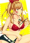  art_brush bad_id bad_pixiv_id belt between_breasts bikini_top blonde_hair breasts cleavage collarbone front-tie_top green_eyes highres large_breasts long_hair mouth_hold navel oekaki_musume open_fly original paint_stains paintbrush ponytail short_shorts shorts solo tomann unzipped 