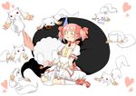  :o absurdres bubble_skirt charlotte_(madoka_magica) closed_eyes heart highres kaname_madoka kyubey leaning_forward magical_girl mahou_shoujo_madoka_magica pink_hair shii_(cocoa) shoe_ribbon shoes short_hair sitting skirt sleeping twintails 