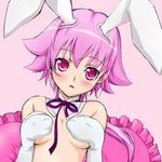  animal_ears blush bunny_ears covering covering_breasts kabashima_yousuke lowres nude pink_hair red_eyes ribbon shishidou_akiha short_hair solo sora_wo_kakeru_shoujo 