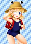  backpack bag blonde_hair blue_eyes blush child hat highres moriya_suwako one-piece_swimsuit one_eye_closed randoseru rena_(riries) school_swimsuit short_hair solo swimsuit touhou v 