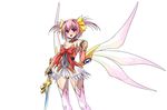  1girl bow breasts cleavage female hair_bow hajime_shindo holding pink_hair red_eyes short_hair simple_background solo sword thighhighs valkyria weapon white_background wings witch 