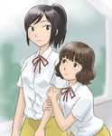  arm_grab black_eyes black_hair blush bow brown_eyes brown_hair hourou_musuko kamosikayasyamoji multiple_girls ponytail sarashina_chizuru school_uniform shirai_momoko short_hair skirt smile 