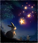  arms_up bamboo border bunny closed_eyes from_below glowing night no_humans original paws re:i sky smile star star_(sky) starry_sky tanabata whiskers 