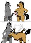  animal_genitalia annoyed anthro balls blank_background color comic comparing comparing_penis couple dialog dialogue donkey duo equine fellatio forced forced_oral gay hooves horse horsecock jpeg jpeg_(artist) male mammal nude oral oral_sex penis plain_background sex signature size_comparison smile teasing text tongue white_background 