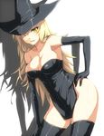  bad_id bad_pixiv_id bare_shoulders blonde_hair breasts cleavage cosplay deneb_rove elbow_gloves gloves hand_on_hip hat highres kirisame_marisa large_breasts leaning long_hair risutan solo tactics_ogre thighhighs touhou witch_hat yellow_eyes 