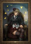  absurdres beatrice blonde_hair blue_eyes bug butterfly chair ekusa_takahito feet_out_of_frame frame hair_ornament highres insect necktie official_art painting_(object) pink_neckwear sitting skirt solo striped striped_legwear thighhighs turn_of_the_golden_witch umineko_no_naku_koro_ni vest 