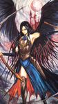  acrylic_paint_(medium) armor bare_shoulders black_hair boots bridal_gauntlets castlevania castlevania:_order_of_ecclesia dress gothic long_hair moon shanoa solo tattoo thigh_boots thighhighs traditional_media very_long_hair weapon wings 