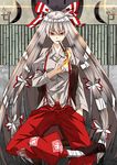  bad_hands bad_id bad_pixiv_id bandages candle fire fujiwara_no_mokou karori_(c-side) kiseru long_hair magic pants pipe red_eyes shiny shiny_hair silver_hair smile solo touhou 