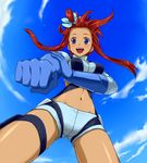  blue_eyes cloud day fuuro_(pokemon) gloves hair_ornament hizumi_(s05a1064) midriff navel pokemon pokemon_(game) pokemon_bw red_hair shorts sky solo 