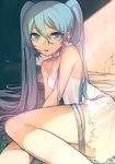  aqua_eyes aqua_hair bad_id bad_pixiv_id bare_shoulders breasts choker collarbone cracked_wall dress face feet_out_of_frame floor green_eyes hair_flowing_over hair_over_shoulder hair_strand hatsune_miku leaning_to_the_side lips long_hair noco_(adamas) on_floor short_dress sideboob sitting sleeveless sleeveless_dress small_breasts solo twintails very_long_hair vocaloid wall white_choker white_dress yokozuwari 