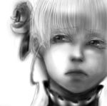  beatrice face flower greyscale hair_flower hair_ornament lowres marimo_shounen monochrome realistic sad solo umineko_no_naku_koro_ni 