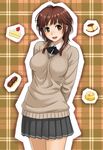  :d amagami arms_behind_back breasts brown_eyes brown_hair cake cream_puff doughnut food fruit grey_skirt hida_tatsuo kibito_high_school_uniform large_breasts open_mouth pastry plaid plaid_background pleated_skirt pudding sakurai_rihoko school_uniform skirt slice_of_cake smile solo strawberry strawberry_shortcake sweater 