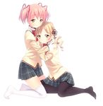  black_legwear blonde_hair drill_hair hug kaname_madoka kneeling light_smile mahou_shoujo_madoka_magica mitakihara_school_uniform multiple_girls pantyhose pink_eyes pink_hair piyodera_mucha school_uniform short_hair short_twintails simple_background tears thighhighs tomoe_mami twintails white_legwear 