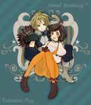  1girl black_hair blonde_hair blue_background bodysuit brown_eyes chocolate copyright_name final_fantasy final_fantasy_ix garnet_til_alexandros_xvii gloves heart minotime orange_bodysuit short_hair tail valentine zidane_tribal 