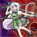  black_hairband bloomers blush cherry_blossoms dual_wielding ghost green_eyes hairband hitodama holding katana konpaku_youmu konpaku_youmu_(ghost) nanashii_(soregasisan) petals ribbon scabbard sheath sheathed short_hair solo sword tassel touhou underwear vest weapon white_hair 