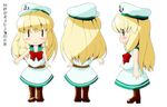  :&gt; belt blonde_hair boots chibi cosplay cross-laced_footwear hat lace-up_boots long_hair multiple_views murasa_minamitsu murasa_minamitsu_(cosplay) sailor sailor_hat shanghai_doll sleeveless tamakko touhou turnaround |_| 