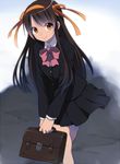  alternate_costume alternate_hairstyle bad_id bad_pixiv_id bag brown_eyes brown_hair hair_ribbon kouyouen_academy_uniform long_hair ribbon sama school_uniform solo suzumiya_haruhi suzumiya_haruhi_no_shoushitsu suzumiya_haruhi_no_yuuutsu 