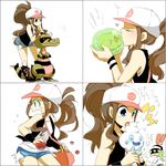  &gt;_&lt; 1girl bag baseball_cap blue_eyes blush brown_hair closed_eyes crossed_arms denim denim_shorts gen_5_pokemon hat heart holding holding_poke_ball kiss krokorok n_(pokemon) poke_ball pokemon pokemon_(creature) pokemon_(game) pokemon_bw ponytail shorts solosis toko touko_(pokemon) translated vanillite 