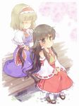  alice_margatroid ascot black_eyes black_hair blonde_hair cherry_blossoms closed_eyes detached_sleeves dress hair_down hair_tubes hairband hairdressing hakurei_reimu long_hair multiple_girls no_hat no_headwear petals sen1986 short_hair sitting touhou 