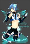  1boy absurdres animal_ears blue_eyes blue_hair cat_ears cat_tail catboy full_body highres kaito male male_focus midriff nail_polish skin_tight solo tail vocaloid 