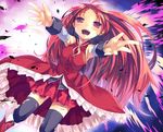  blush highres long_hair magical_girl mahou_shoujo_madoka_magica mikage_sekizai ponytail red_eyes red_hair sakura_kyouko smile solo thighhighs zettai_ryouiki 