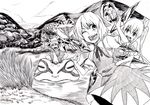  angry animal bad_id bad_pixiv_id bow cirno daiyousei dress frog frozen frozen_frog greyscale grin hair_bow hat iro_marimo long_hair monochrome moriya_suwako multiple_girls one_eye_closed open_mouth oversized_animal pond scared short_sleeves side_ponytail smile squatting touhou wings 