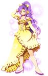  arm_up dress elbow_gloves faris_scherwiz female final_fantasy final_fantasy_v gloves gradient gradient_background green_eyes high_heels hitopm jewelry long_hair necklace ponytail purple_hair ribbon shoes solo white_background yellow_ribbon 