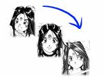  90s aa_megami-sama black_hair comparison earrings evolution fujishima_kousuke jewelry monochrome skuld smile 
