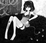  bad_id bad_pixiv_id barefoot bracelet breasts bug cleavage demon_tail earrings garters greyscale hairband horns jewelry medium_breasts monochrome monster original short_hair shorts silk solo spider spider_web tail tanaka_(colorcorn) tattoo 