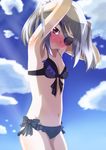  armpits arms_up bikini blush eyepatch infinite_stratos laura_bodewig long_hair navel noa_p open_mouth red_eyes silver_hair smile solo swimsuit twintails 
