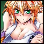  arm_warmers bad_id bad_pixiv_id bare_shoulders biting blonde_hair blush breasts cleavage eyelashes green_eyes large_breasts lip_biting looking_at_viewer mizuhashi_parsee ootsuki_wataru pointy_ears short_hair sideboob solo touhou wardrobe_malfunction 