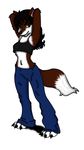  armpits arms_above_head canine check_source clothed clothing cute female fox looking_at_viewer mammal midriff navel plain_background skimpy solo unknown_artist white_background 