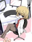  bad_id bad_pixiv_id blonde_hair blue_eyes crossed_legs feet haibara_ai meitantei_conan pantyhose roku_usagi short_hair sitting solo 