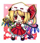  blonde_hair chibi colorized dress fang flandre_scarlet hat laevatein open_mouth red_dress red_eyes side_ponytail solo touhou wings yuumi_kaname 
