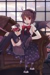  blood blood_bag brown_hair couch gloves gothic_lolita lolita_fashion lowres red_eyes rednian rion_flina short_hair shorts solo sword_girls thighhighs vampire wings 